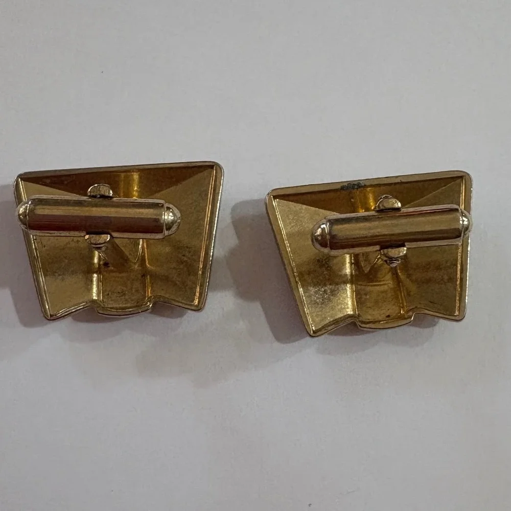1970s Vtg Hanson‎ Gold Tone Cufflinks Textured Geometric Vintage Mens Jewelry